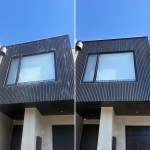 Before & after house washing in Caroline Springs near The Esplanade with cobwebs and dust buildup on exterior walls